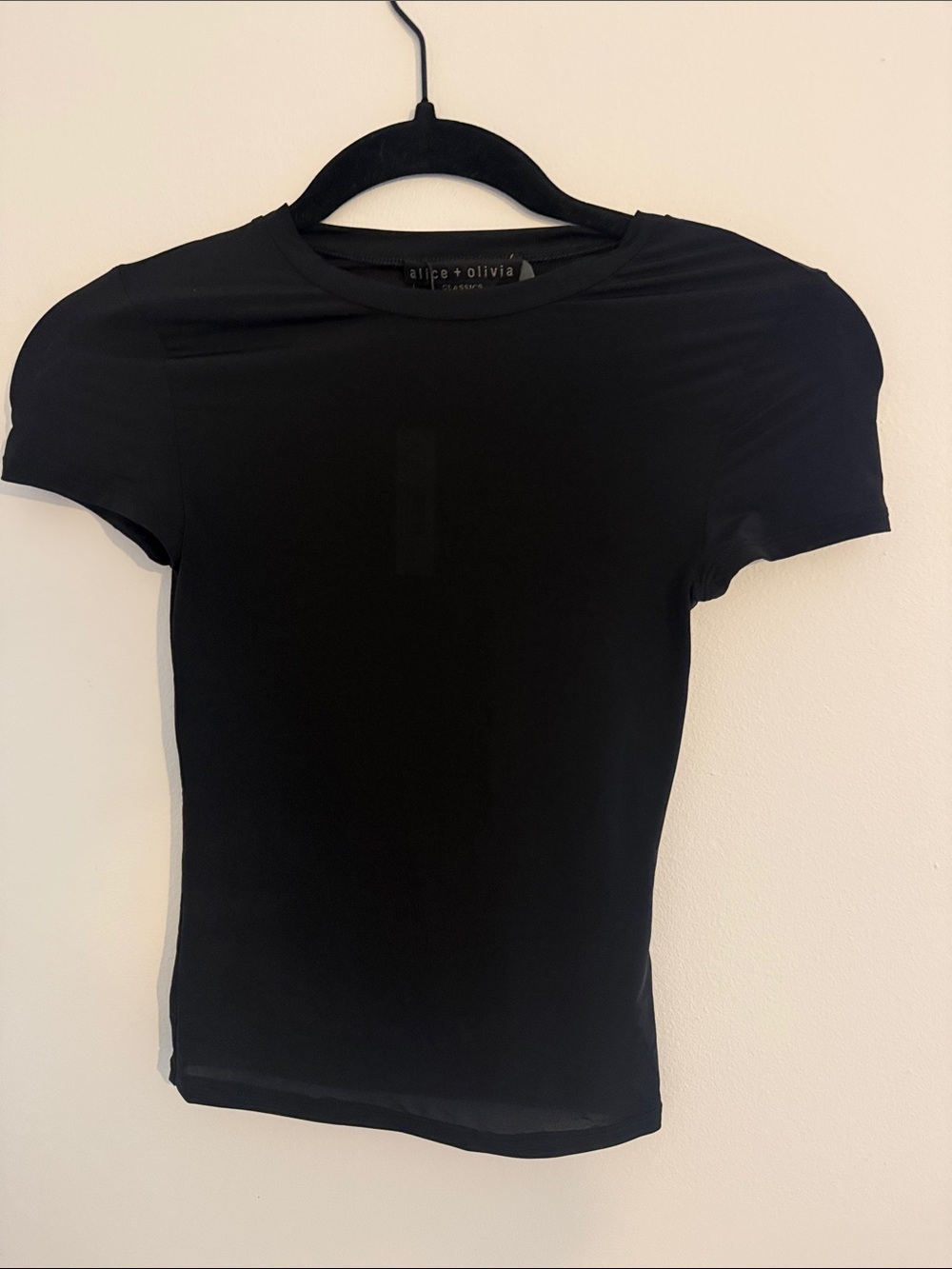 Alice + Olivia Black Short Sleeve Sheer Stretch Crewneck Tee, MSRP $195!!